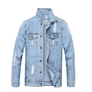 LZLER Jean Jacket for Men, Classic Ripped Slim Denim Jacket with Holes